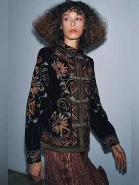 Zara ZW Collection Embroidered Black Velvet Floral Jacket